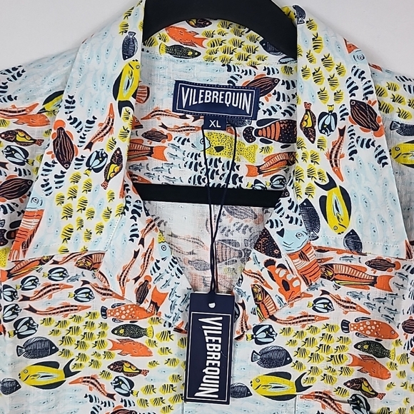NWT Vilebrequin Short Sleeve Linen Button Shirt Charli Fish Print Sz XL $260 - Picture 2 of 8